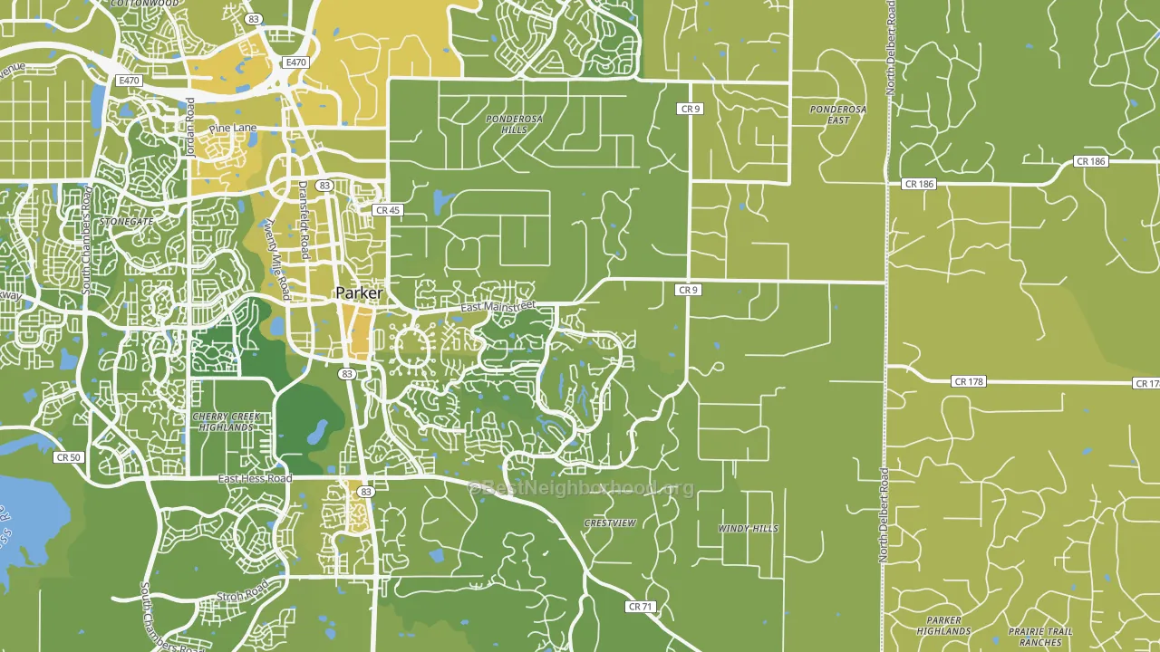 Map of the best neighborhoods in the 80138 area, with better matches in green and worse matches in red