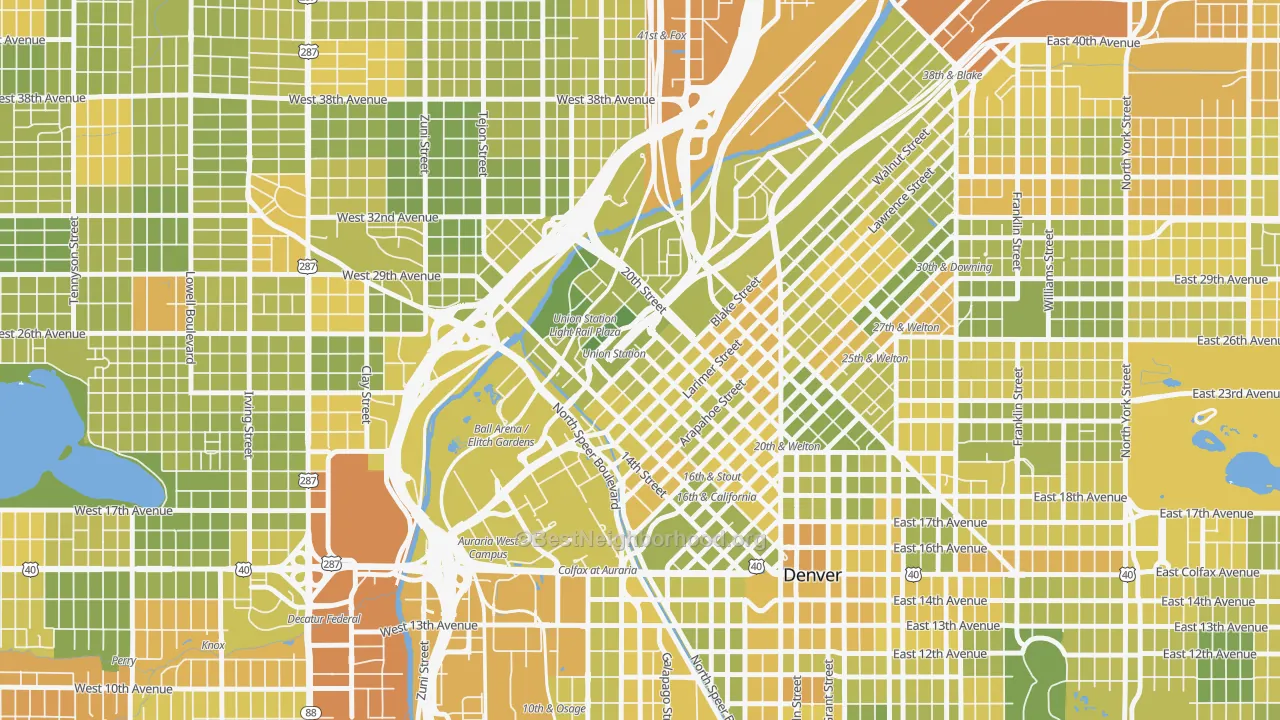 Map of the best neighborhoods in the 80202 area, with better matches in green and worse matches in red