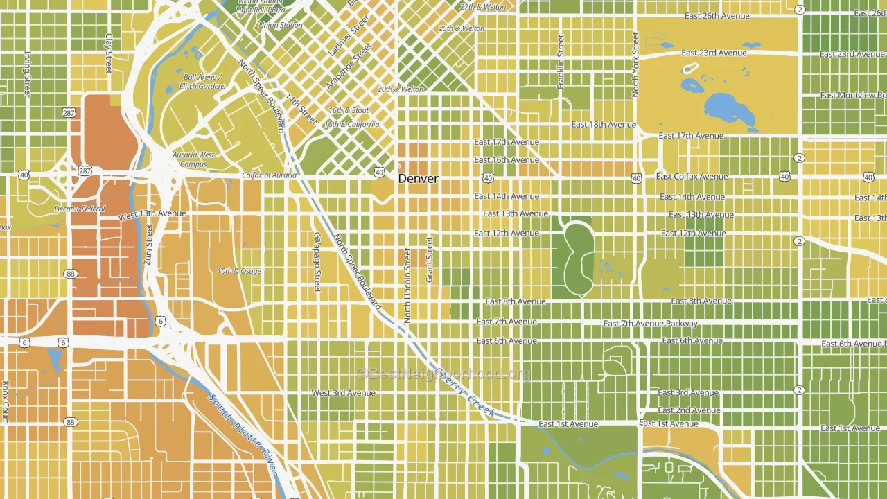 Map of the best neighborhoods in the 80203 area, with better matches in green and worse matches in red