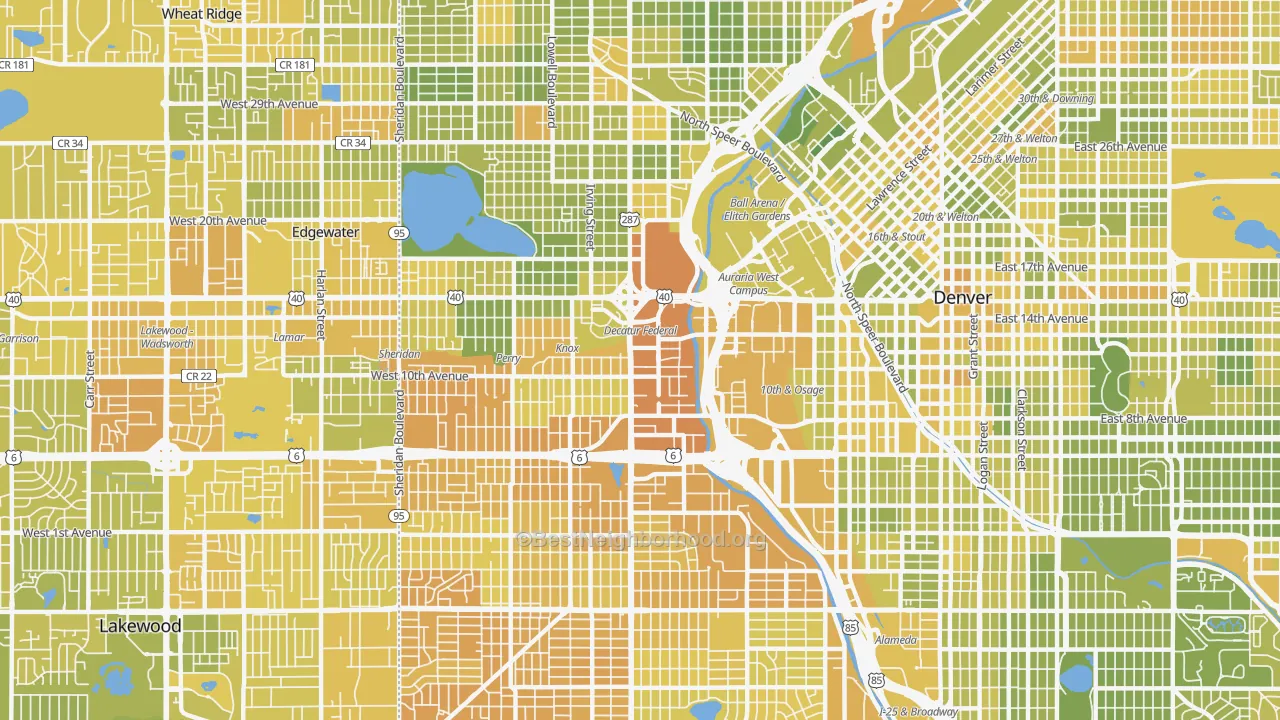 Map of the best neighborhoods in the 80204 area, with better matches in green and worse matches in red