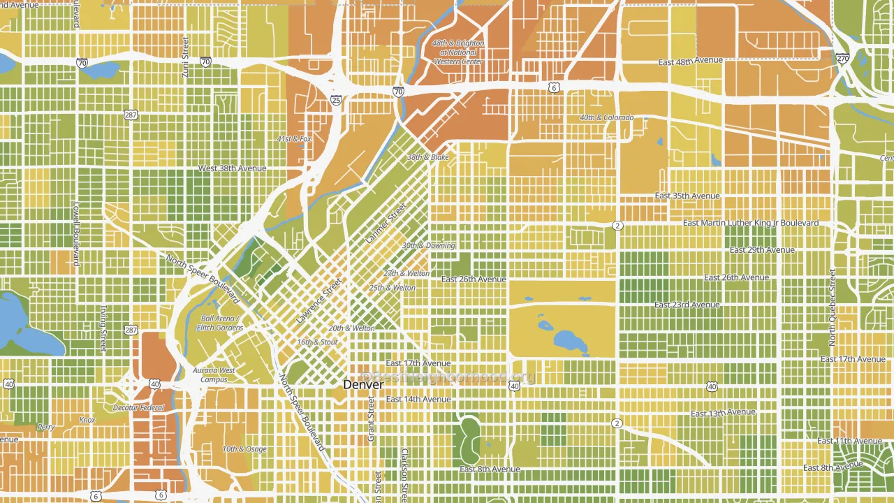 Map of the best neighborhoods in the 80205 area, with better matches in green and worse matches in red