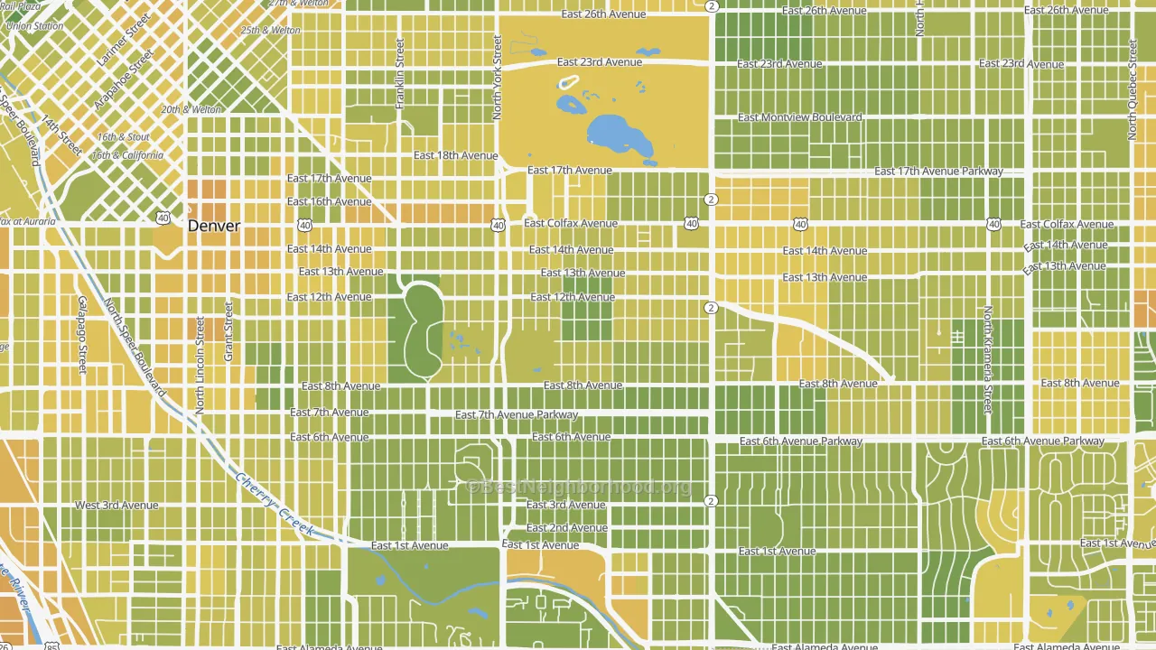 Map of the best neighborhoods in the 80206 area, with better matches in green and worse matches in red