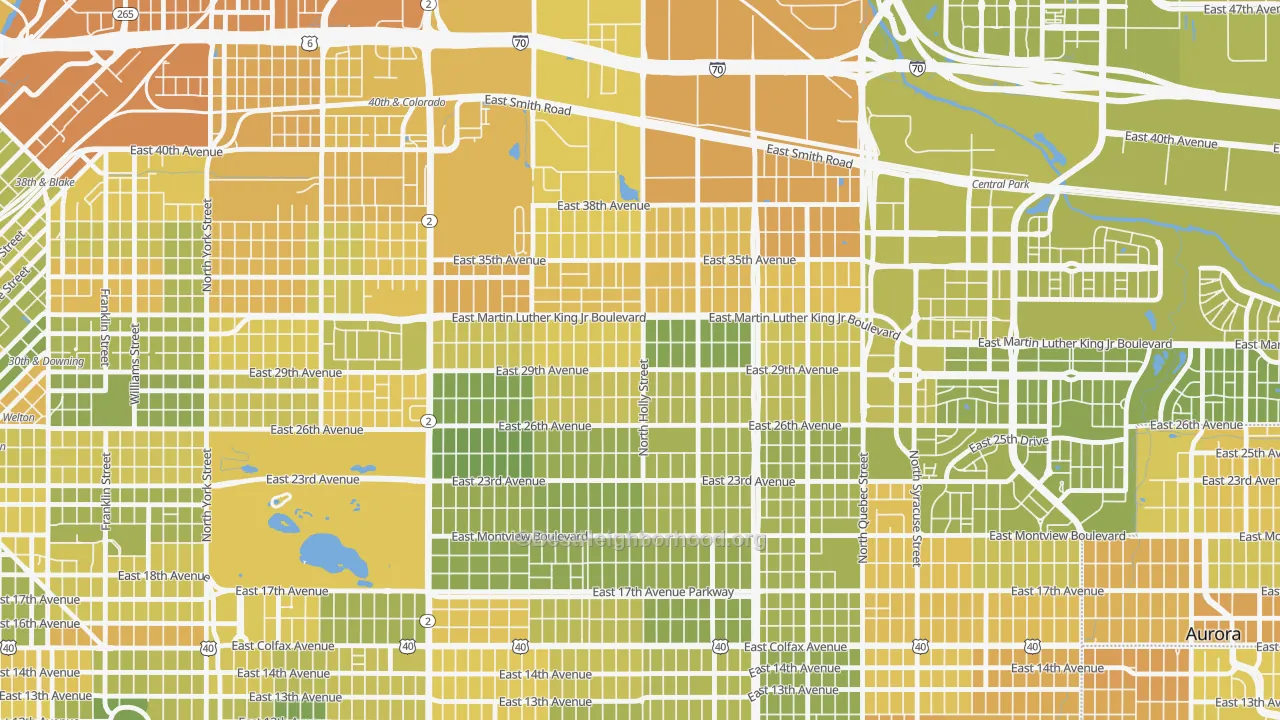 Map of the best neighborhoods in the 80207 area, with better matches in green and worse matches in red