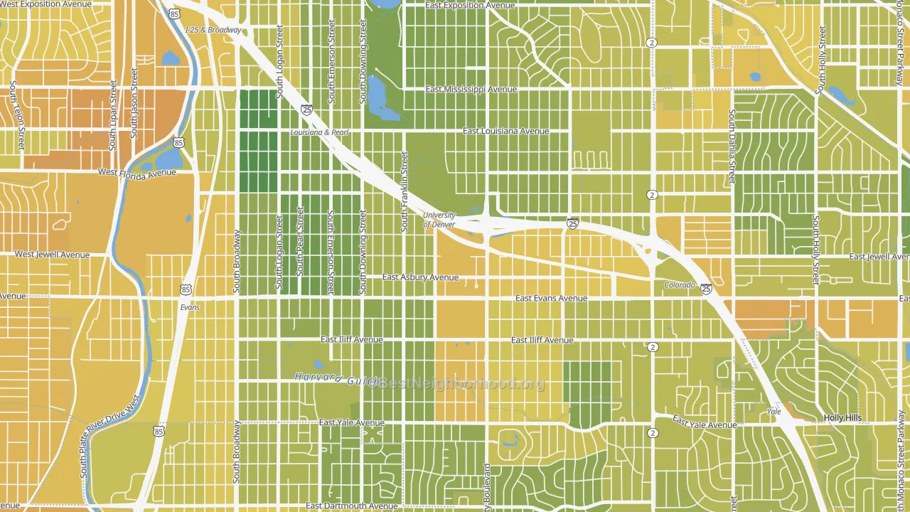 Map of the best neighborhoods in the 80208 area, with better matches in green and worse matches in red