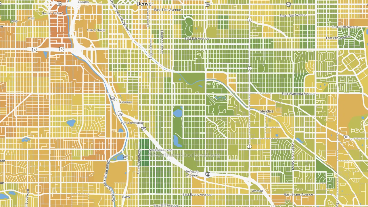 Map of the best neighborhoods in the 80209 area, with better matches in green and worse matches in red