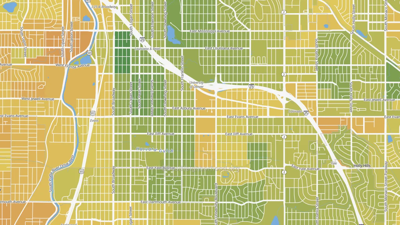 Map of the best neighborhoods in the 80210 area, with better matches in green and worse matches in red