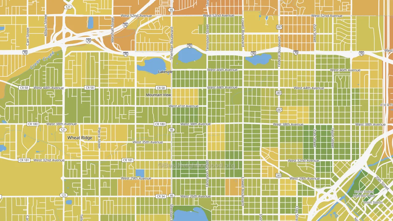 Map of the best neighborhoods in the 80212 area, with better matches in green and worse matches in red