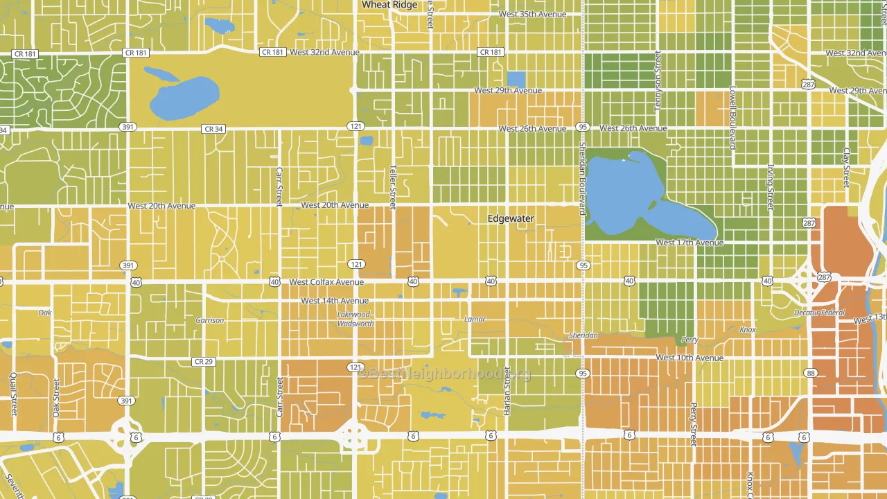 Map of the best neighborhoods in the 80214 area, with better matches in green and worse matches in red