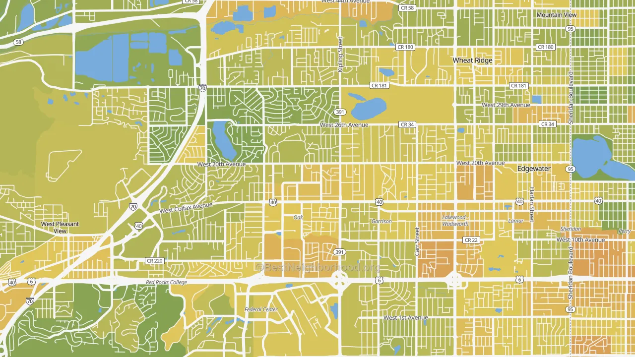 Map of the best neighborhoods in the 80215 area, with better matches in green and worse matches in red