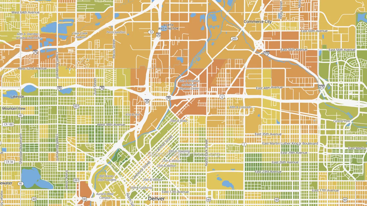 Map of the best neighborhoods in the 80216 area, with better matches in green and worse matches in red