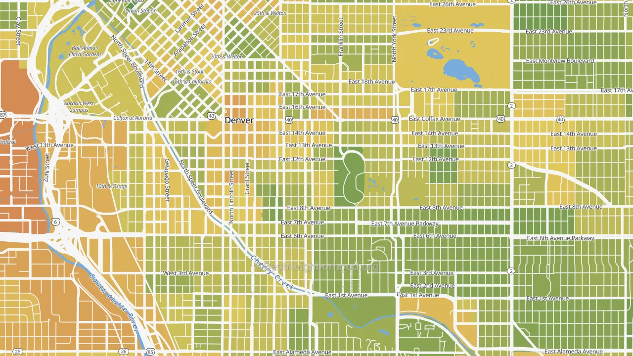 Map of the best neighborhoods in the 80218 area, with better matches in green and worse matches in red