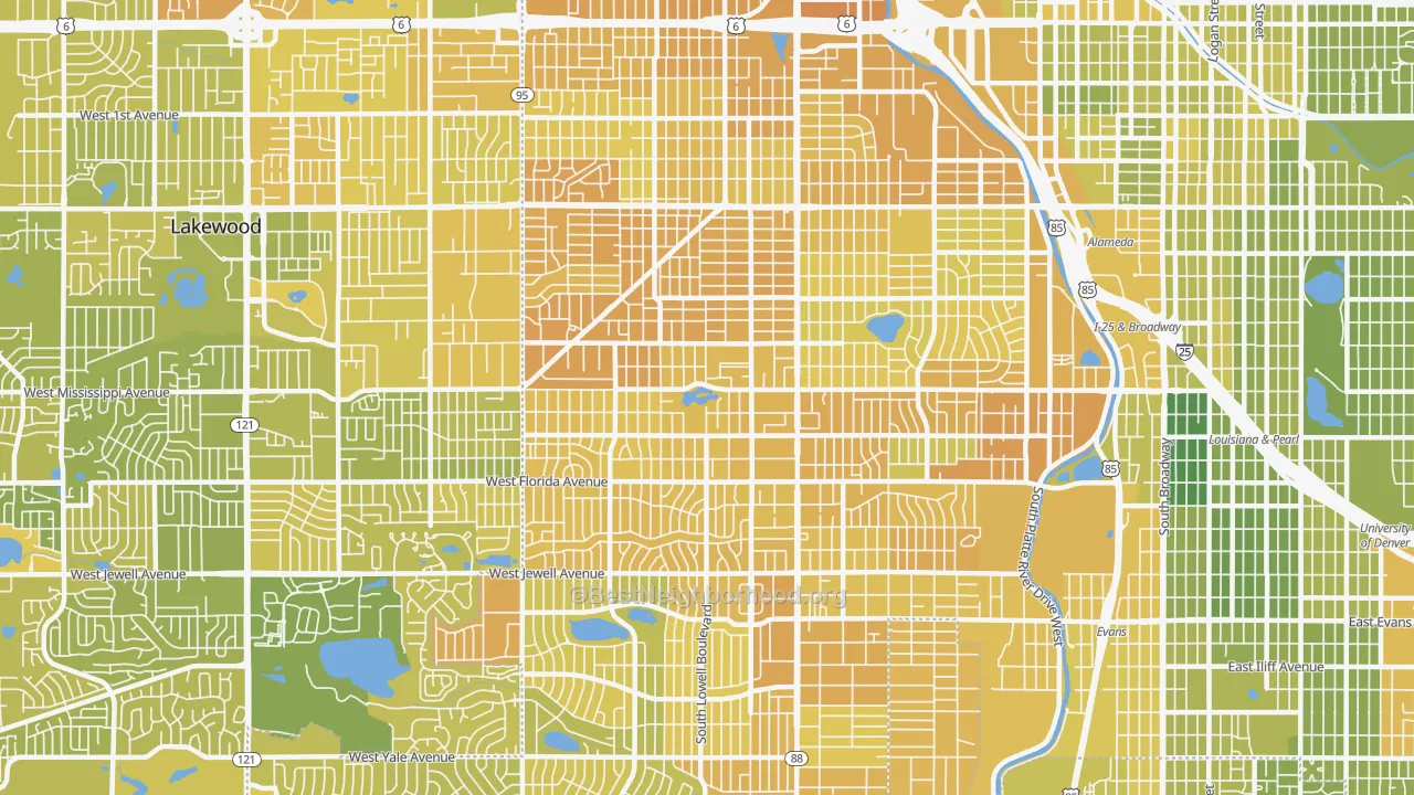 Map of the best neighborhoods in the 80219 area, with better matches in green and worse matches in red