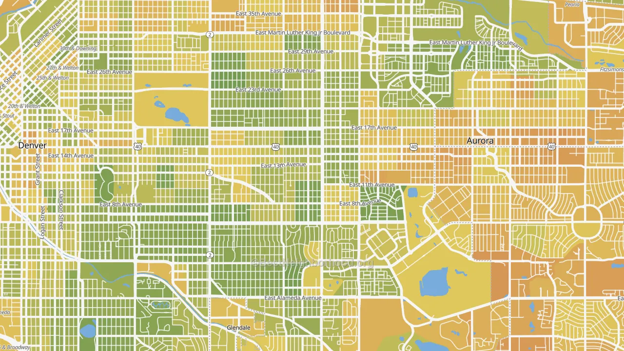Map of the best neighborhoods in the 80220 area, with better matches in green and worse matches in red