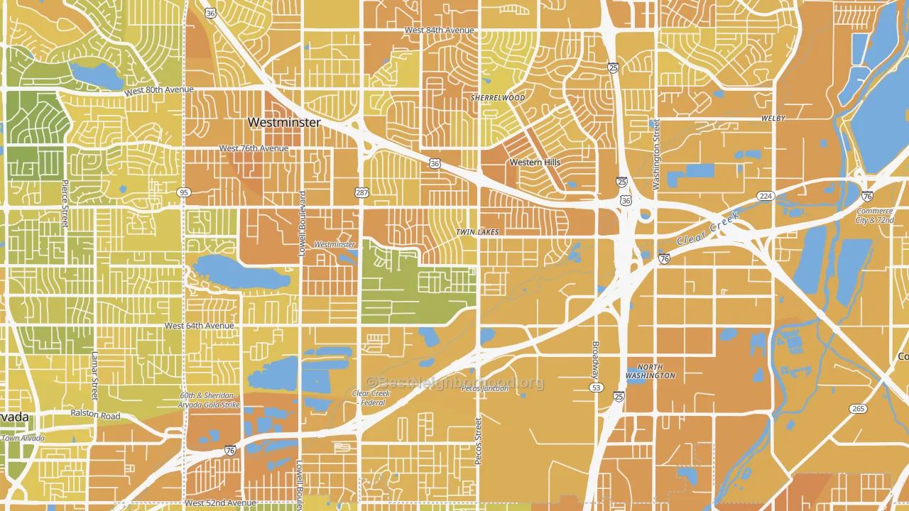Map of the best neighborhoods in the 80221 area, with better matches in green and worse matches in red