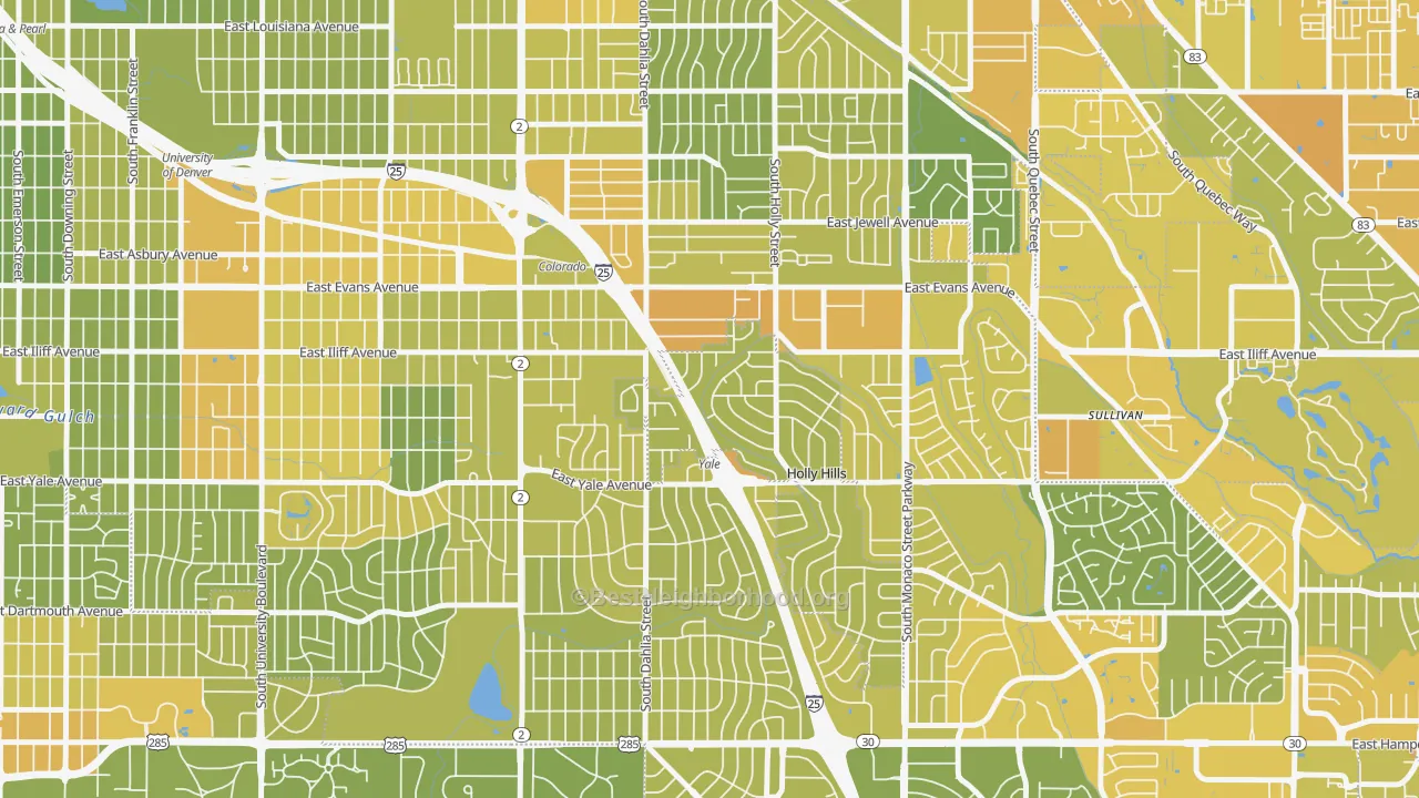 Map of the best neighborhoods in the 80222 area, with better matches in green and worse matches in red