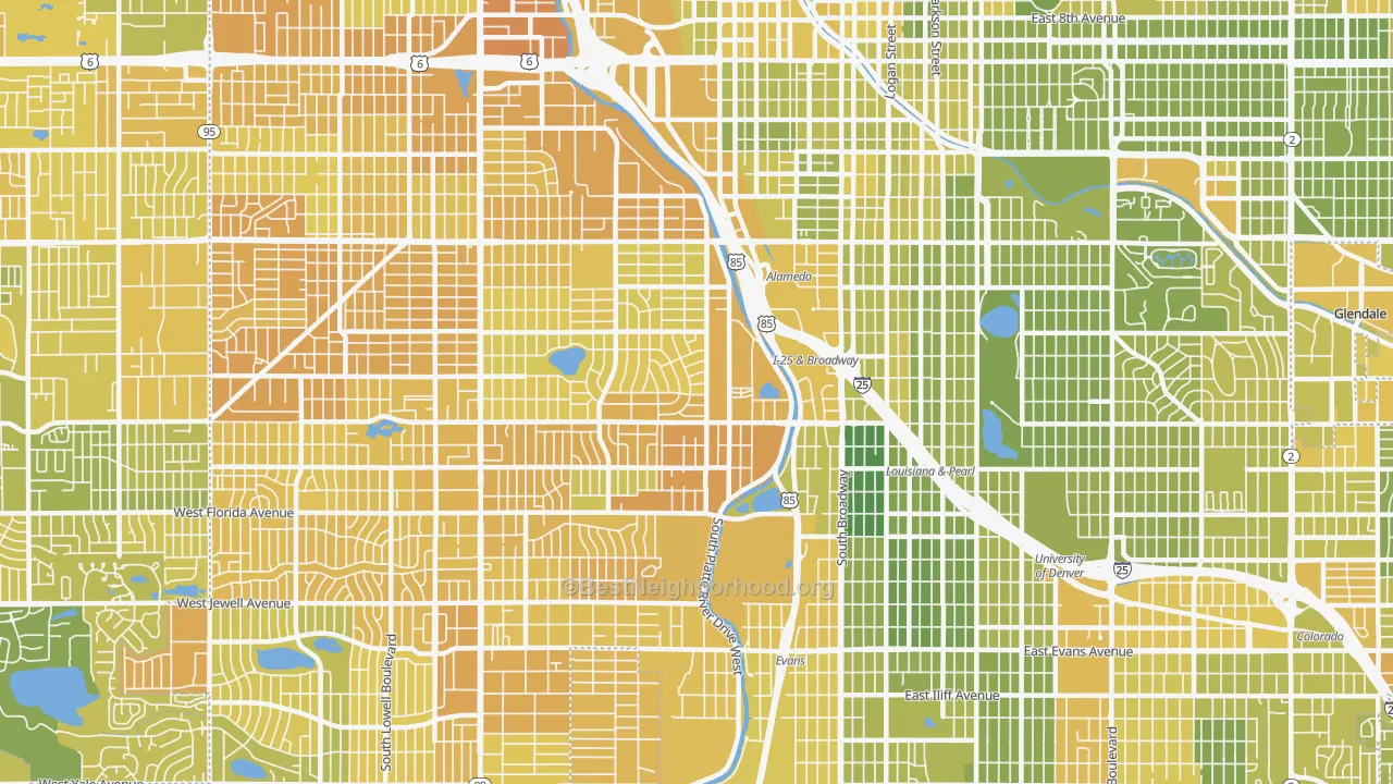 Map of the best neighborhoods in the 80223 area, with better matches in green and worse matches in red