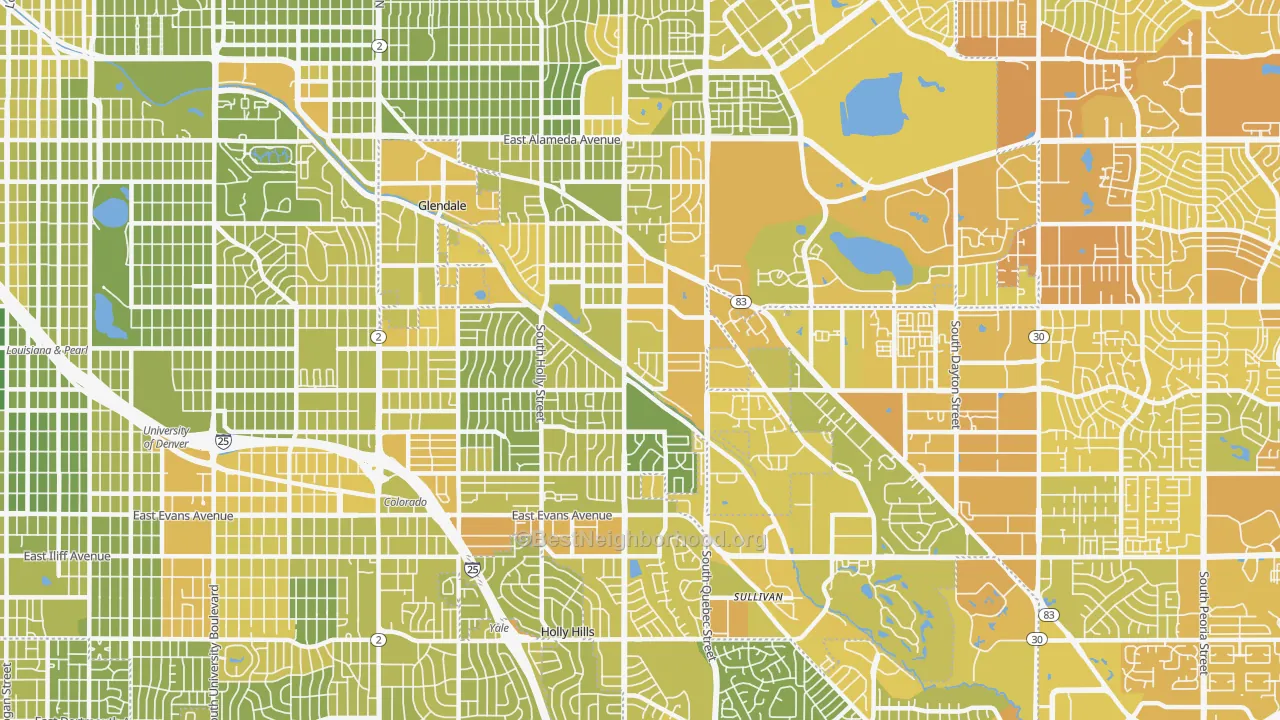 Map of the best neighborhoods in the 80224 area, with better matches in green and worse matches in red