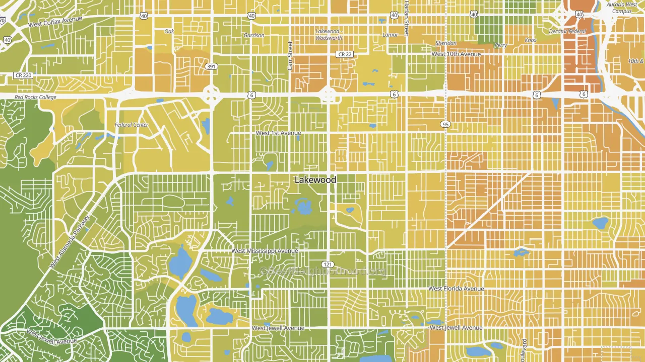 Map of the best neighborhoods in the 80226 area, with better matches in green and worse matches in red