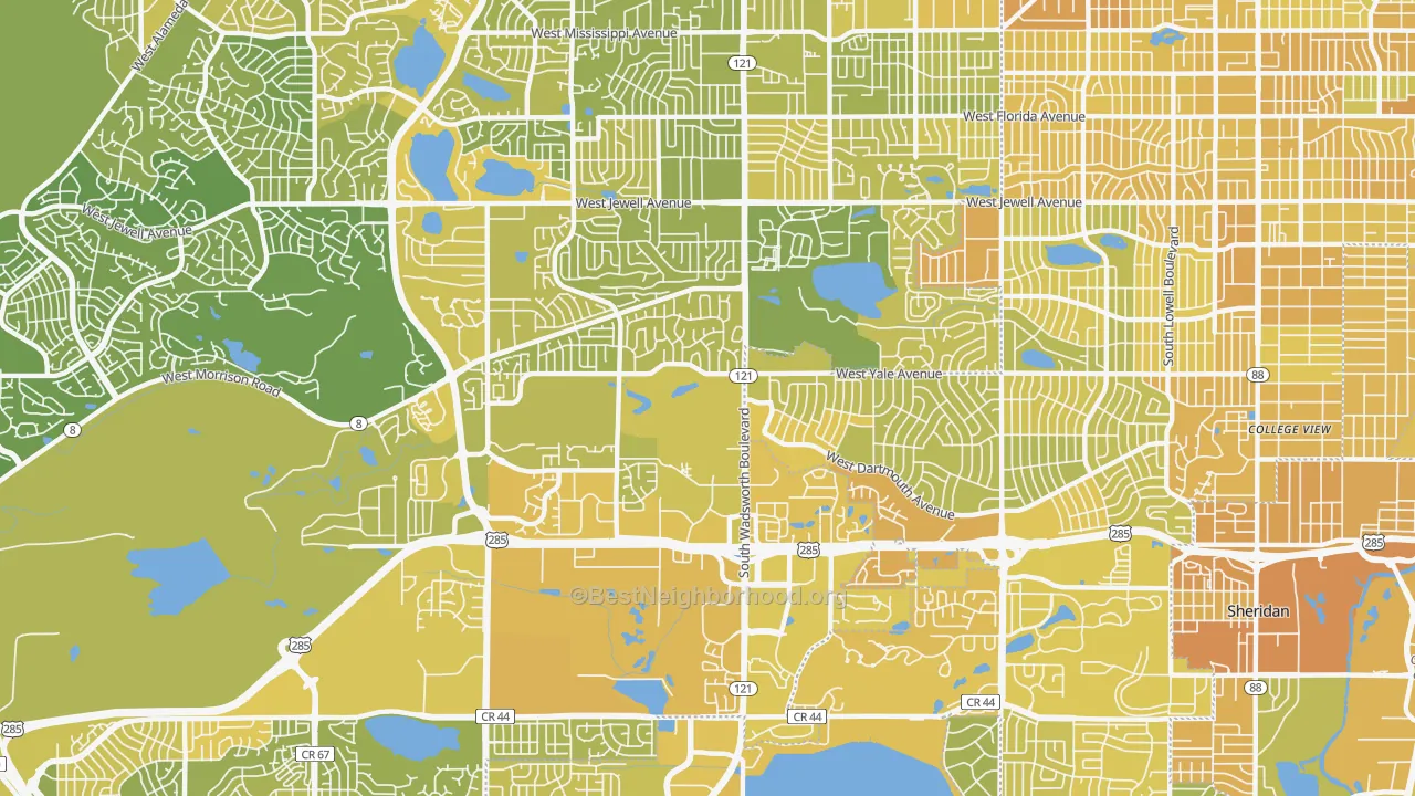 Map of the best neighborhoods in the 80227 area, with better matches in green and worse matches in red