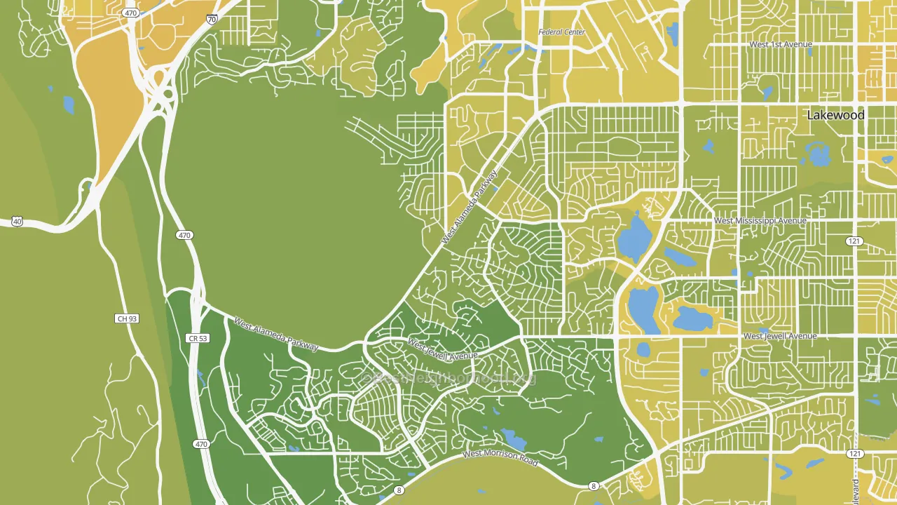 Map of the best neighborhoods in the 80228 area, with better matches in green and worse matches in red