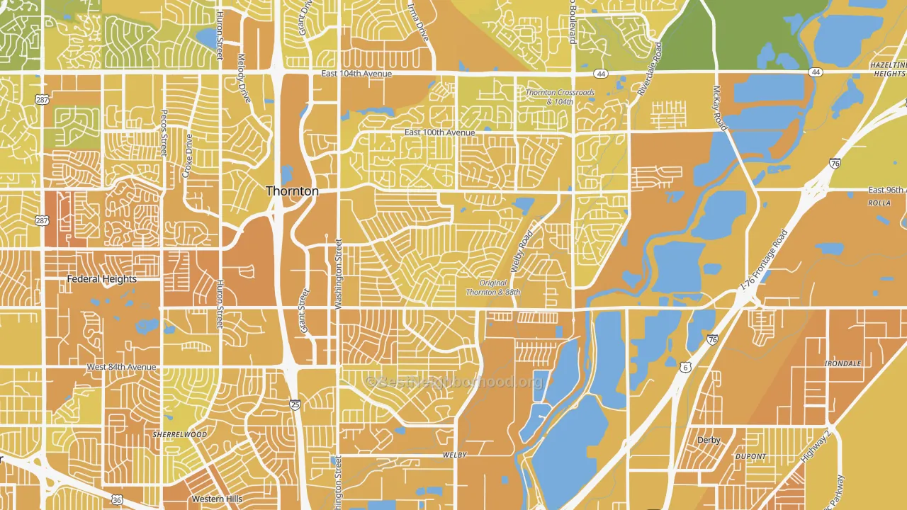 Map of the best neighborhoods in the 80229 area, with better matches in green and worse matches in red