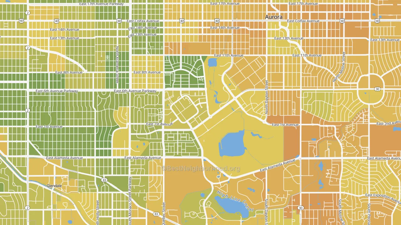 Map of the best neighborhoods in the 80230 area, with better matches in green and worse matches in red