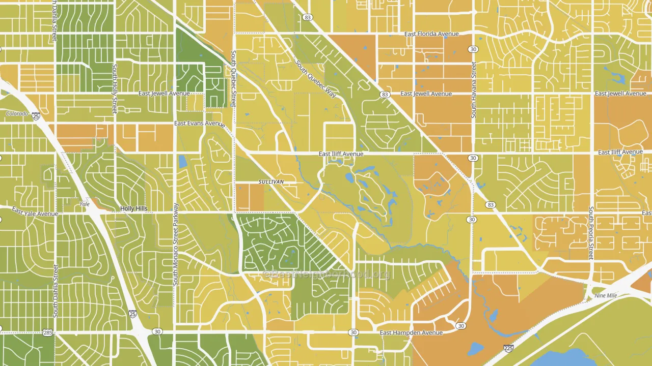 Map of the best neighborhoods in the 80231 area, with better matches in green and worse matches in red
