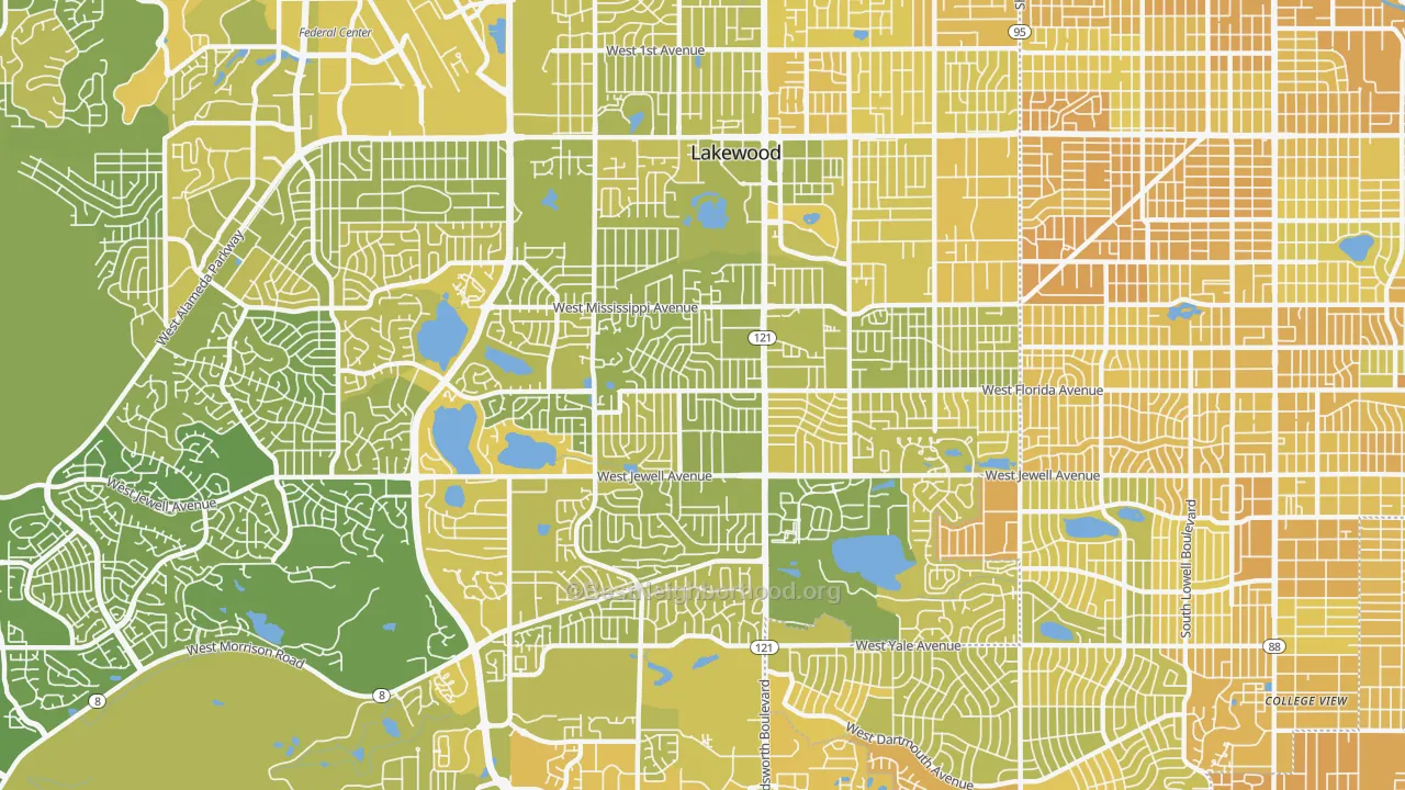 Map of the best neighborhoods in the 80232 area, with better matches in green and worse matches in red