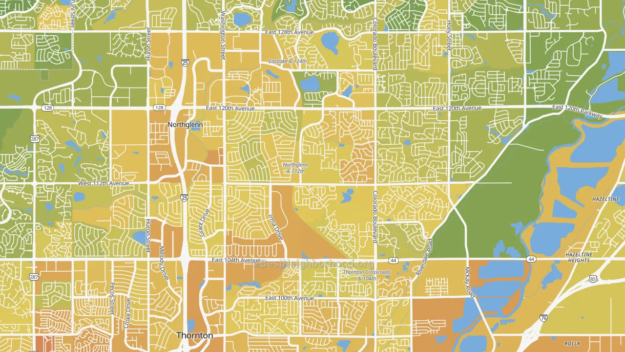 Map of the best neighborhoods in the 80233 area, with better matches in green and worse matches in red
