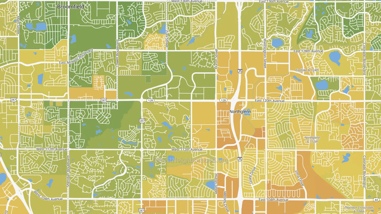 Map of the best neighborhoods in the 80234 area, with better matches in green and worse matches in red