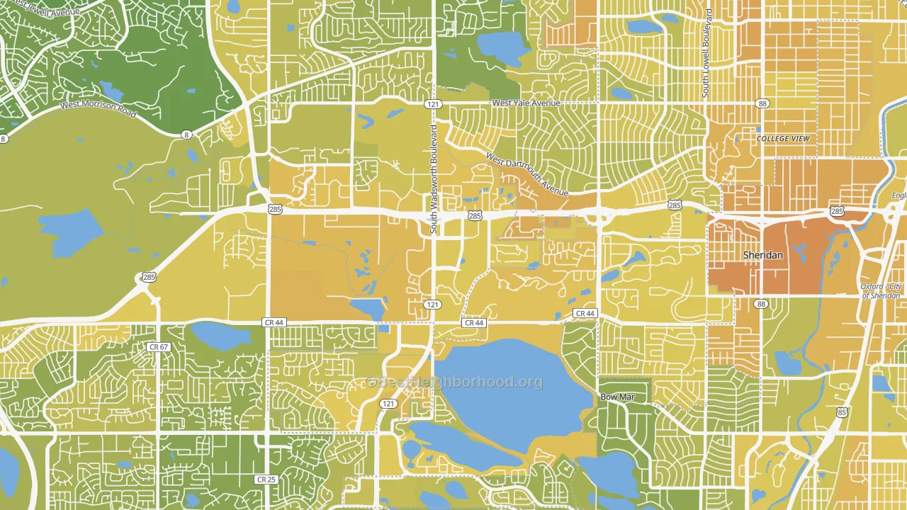 Map of the best neighborhoods in the 80235 area, with better matches in green and worse matches in red