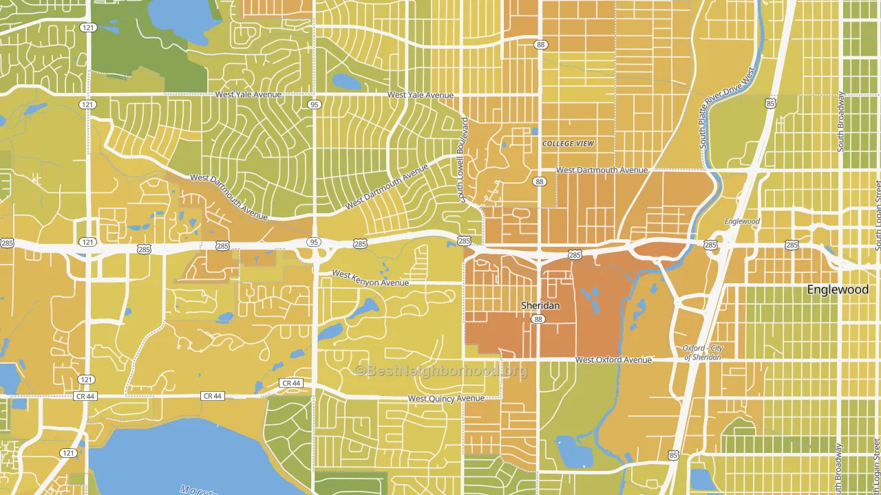 Map of the best neighborhoods in the 80236 area, with better matches in green and worse matches in red