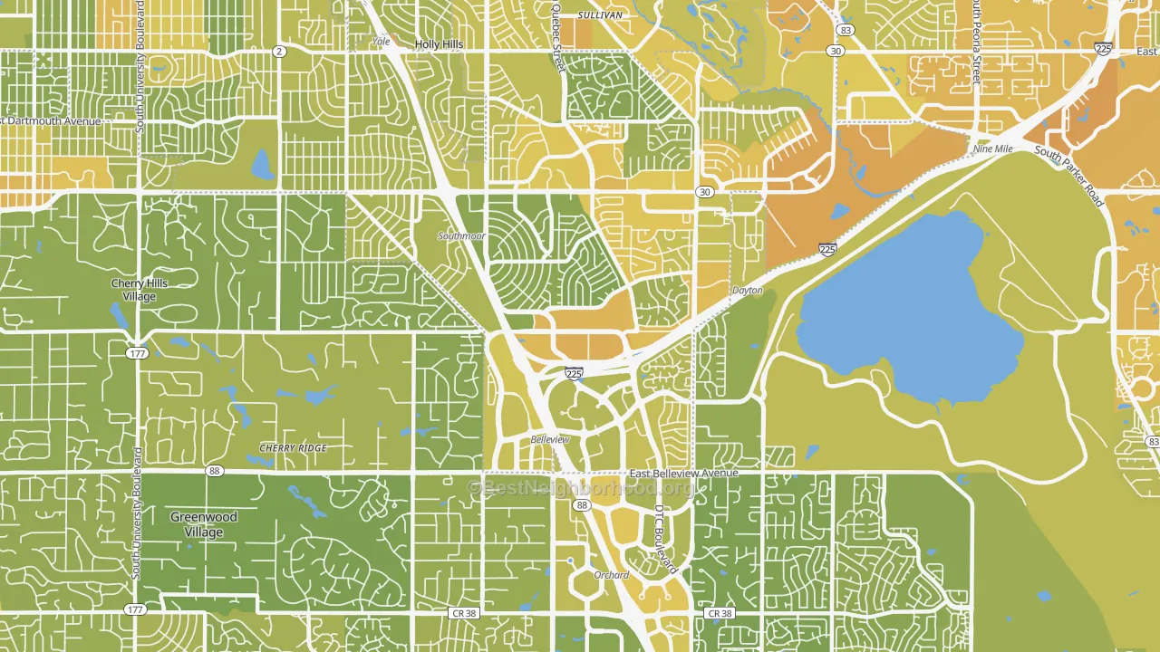 Map of the best neighborhoods in the 80237 area, with better matches in green and worse matches in red