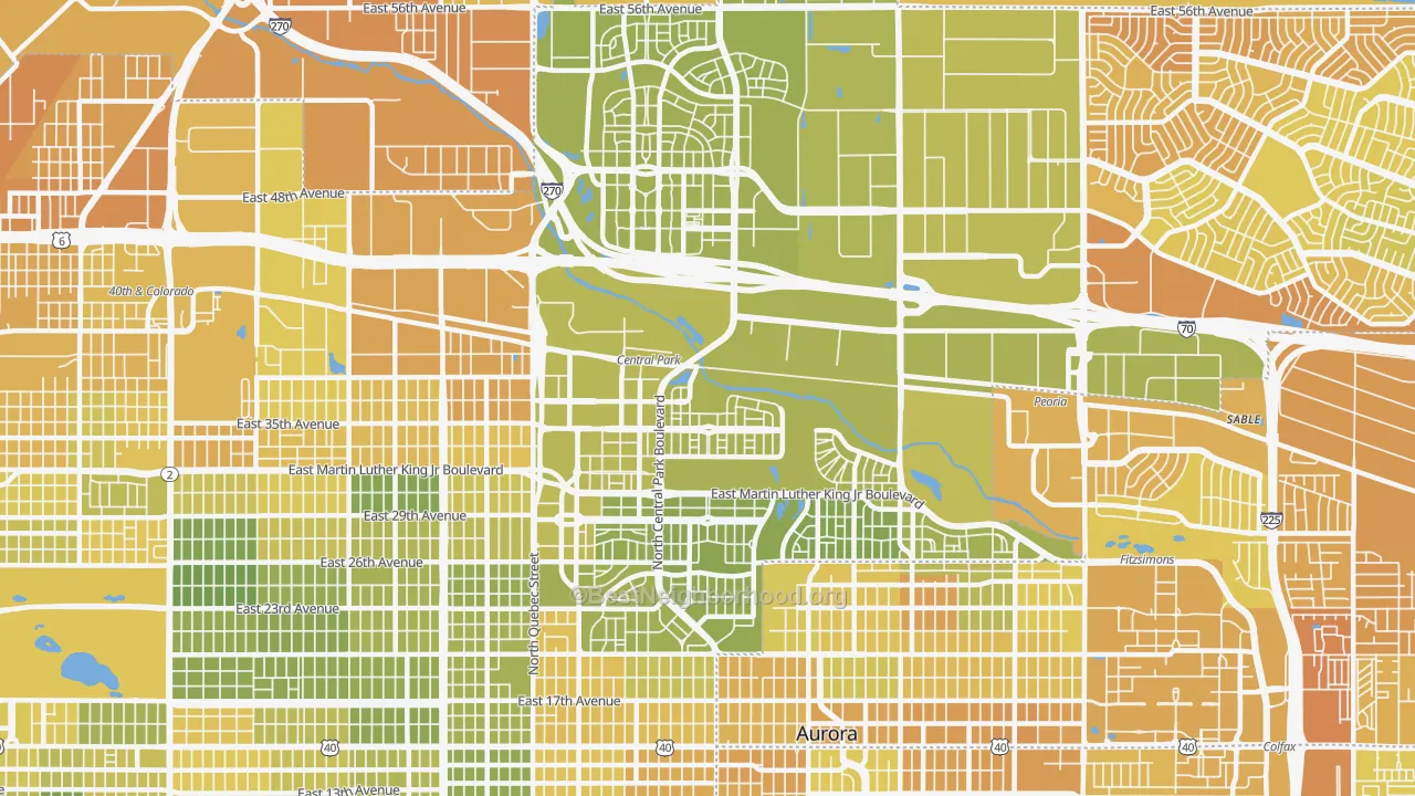 Map of the best neighborhoods in the 80238 area, with better matches in green and worse matches in red