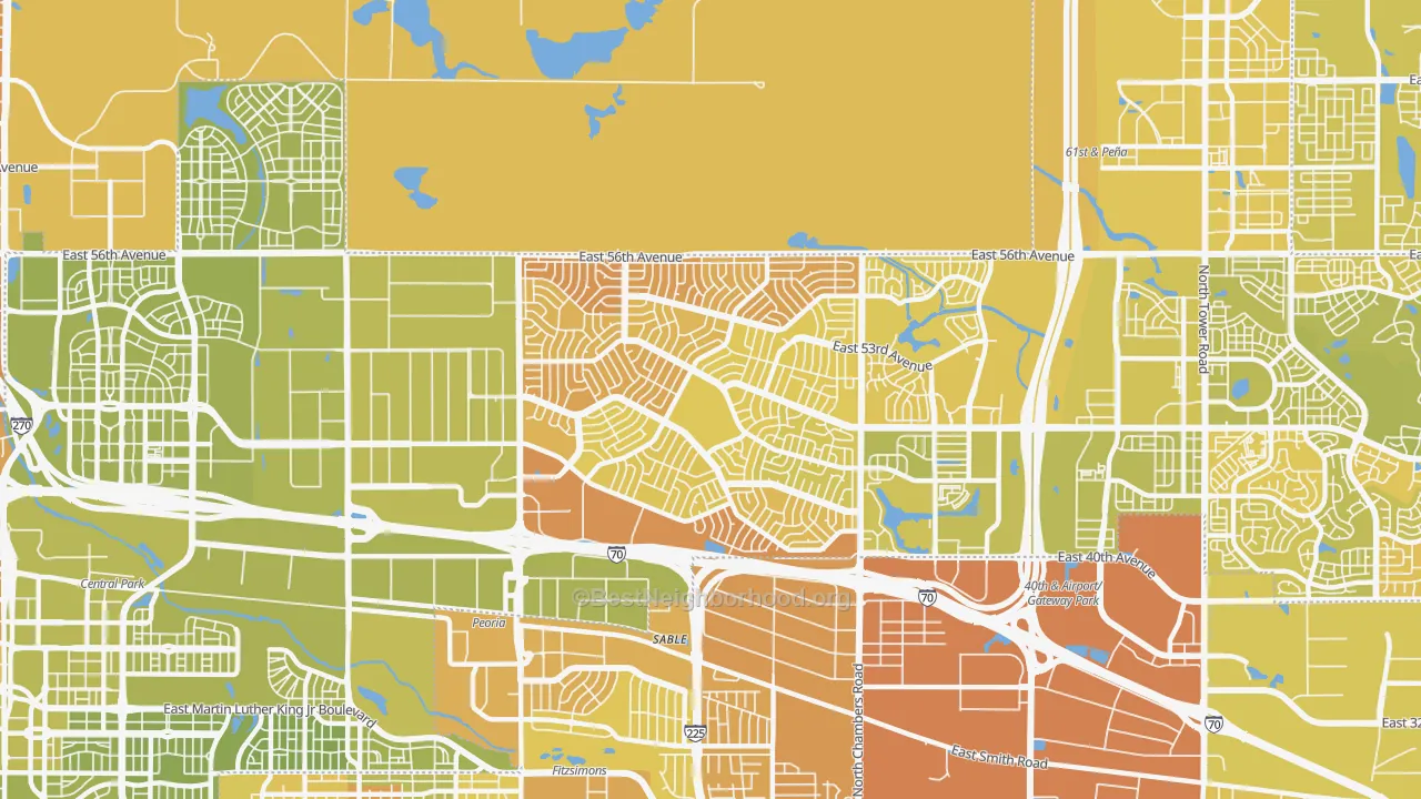 Map of the best neighborhoods in the 80239 area, with better matches in green and worse matches in red