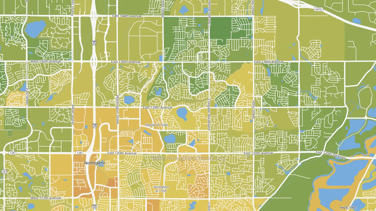 Map of the best neighborhoods in the 80241 area, with better matches in green and worse matches in red