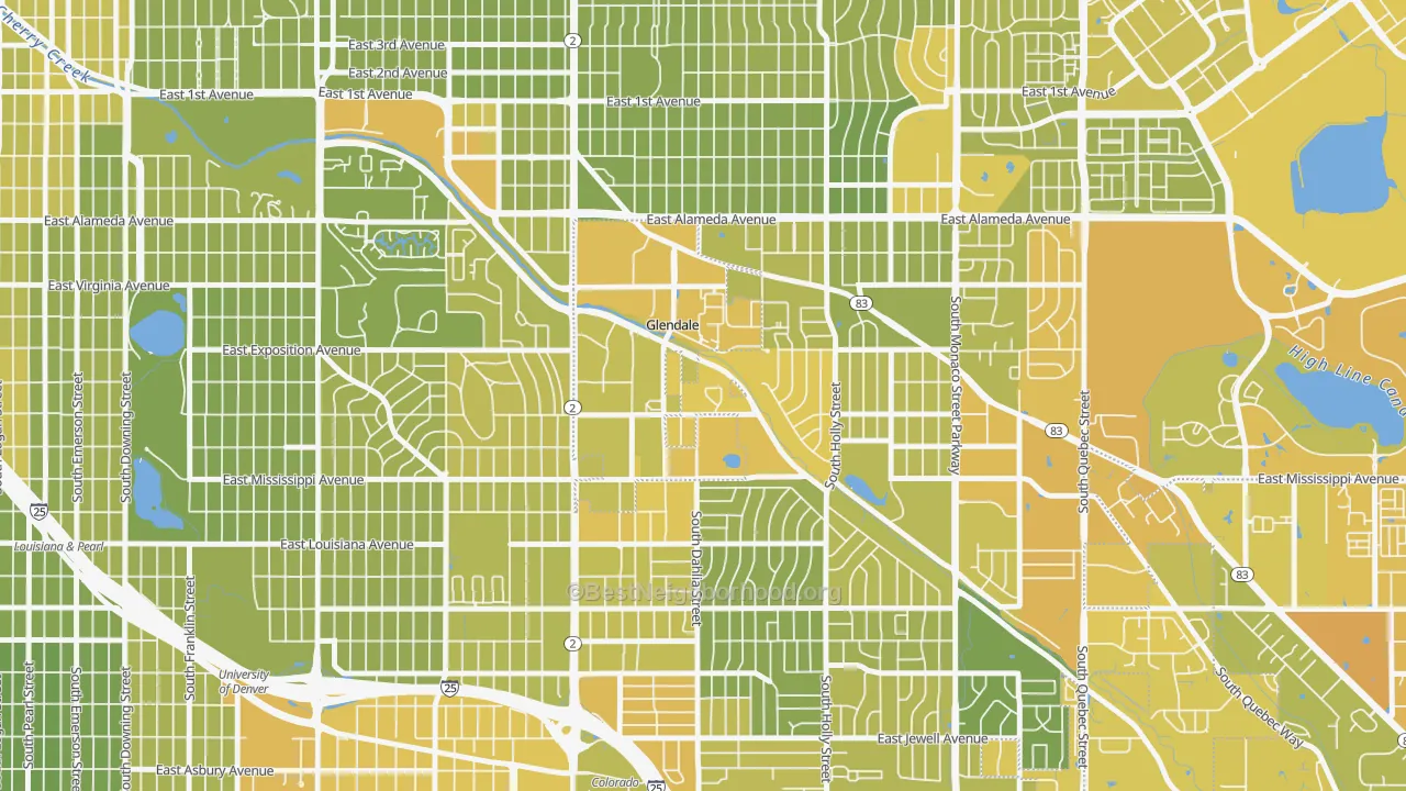 Map of the best neighborhoods in the 80246 area, with better matches in green and worse matches in red