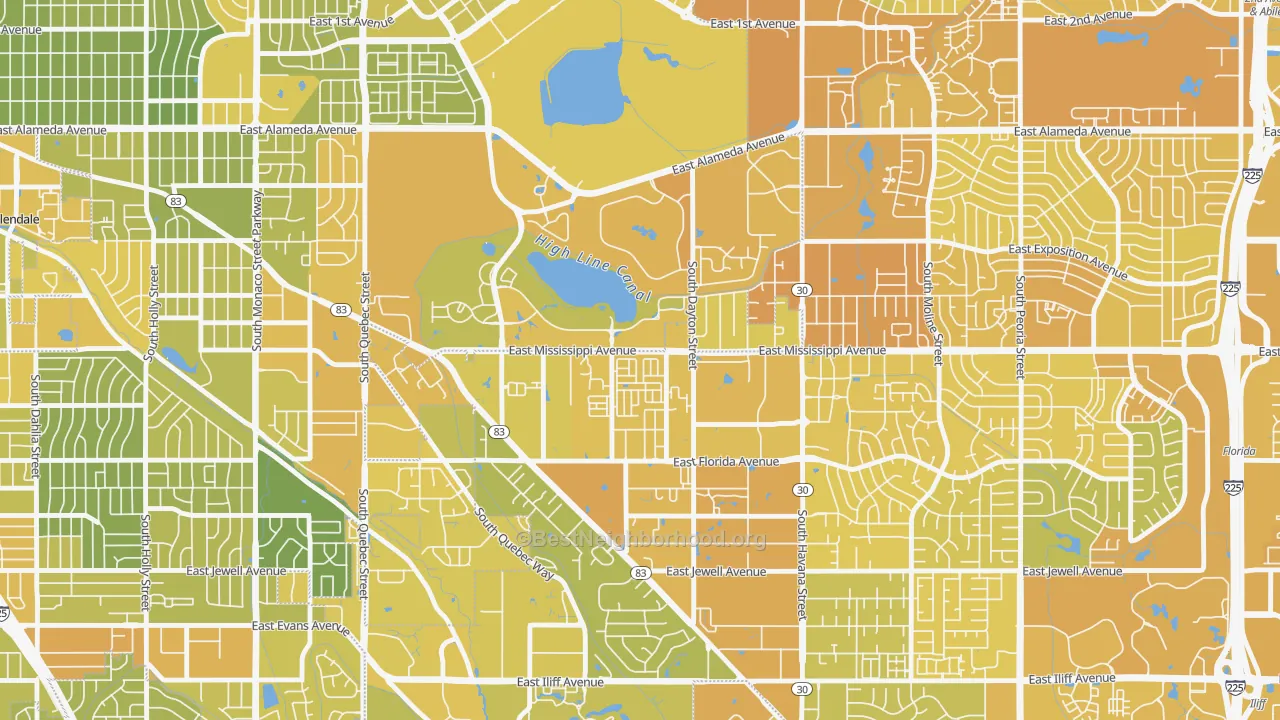 Map of the best neighborhoods in the 80247 area, with better matches in green and worse matches in red