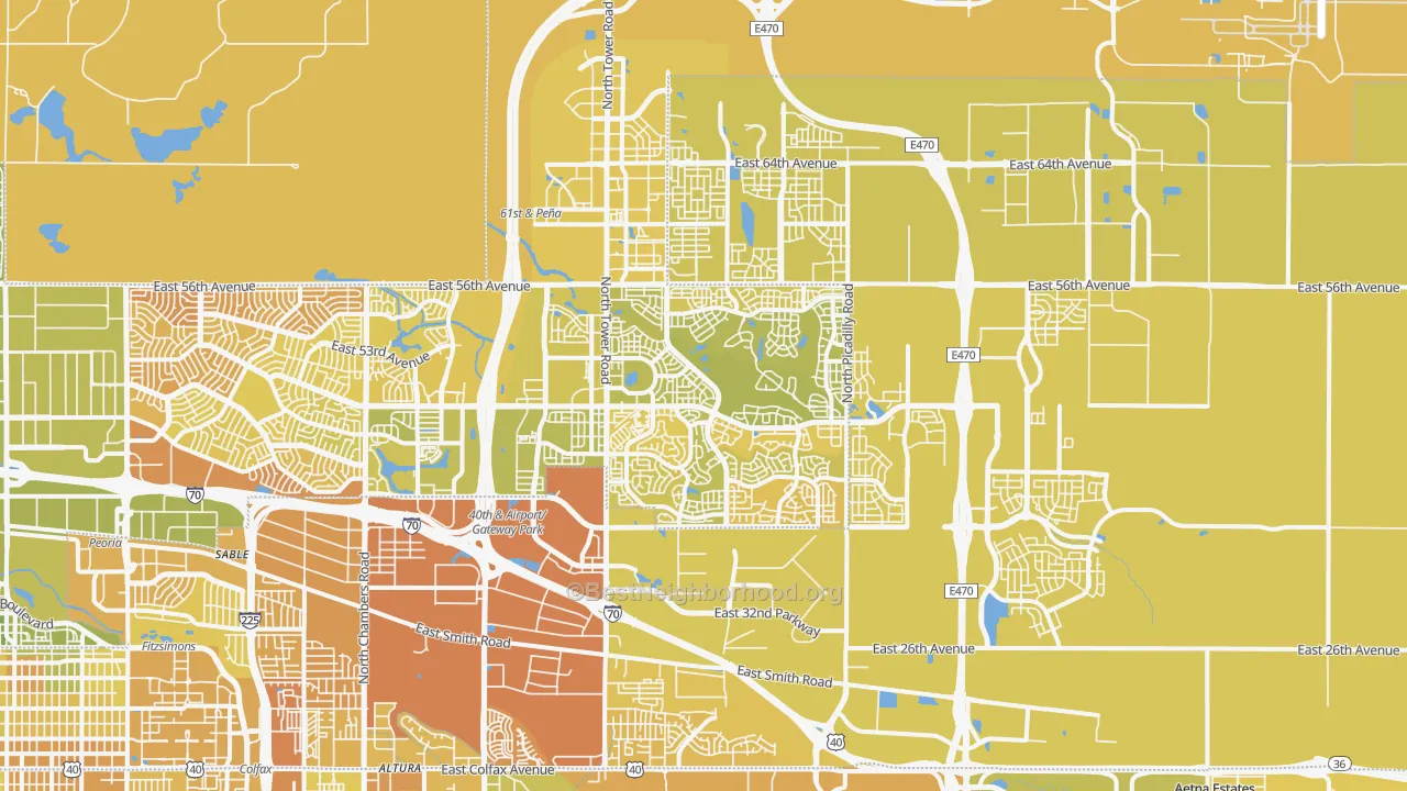 Map of the best neighborhoods in the 80249 area, with better matches in green and worse matches in red