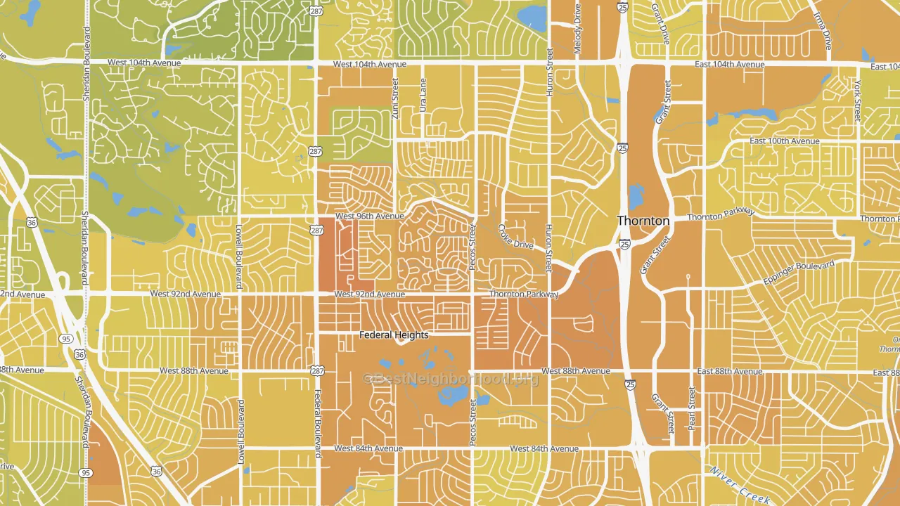Map of the best neighborhoods in the 80260 area, with better matches in green and worse matches in red