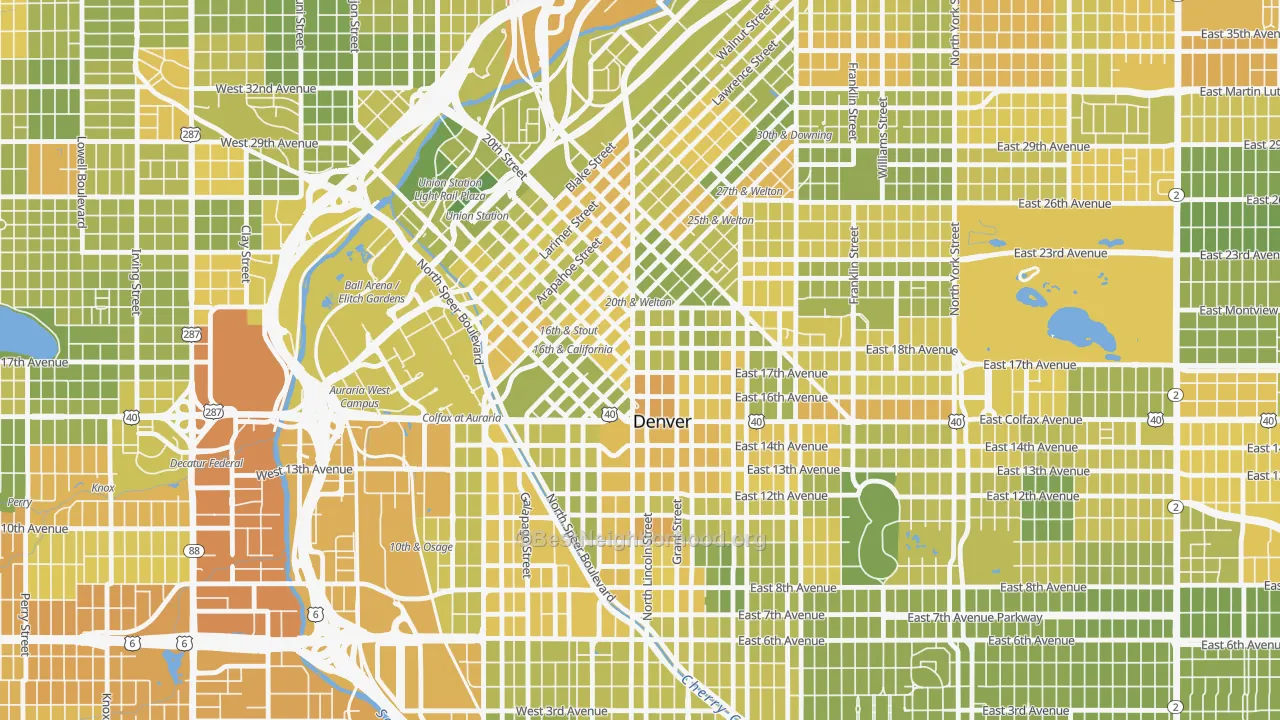 Map of the best neighborhoods in the 80274 area, with better matches in green and worse matches in red