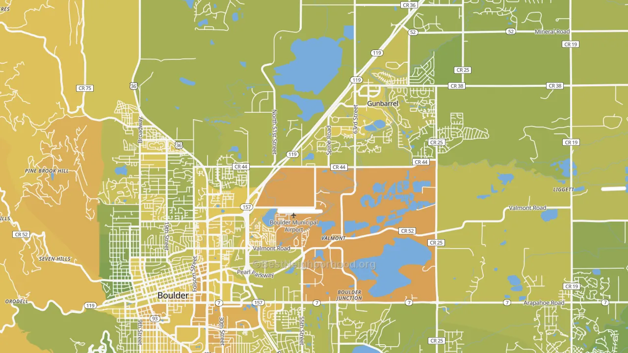 Map of the best neighborhoods in the 80301 area, with better matches in green and worse matches in red