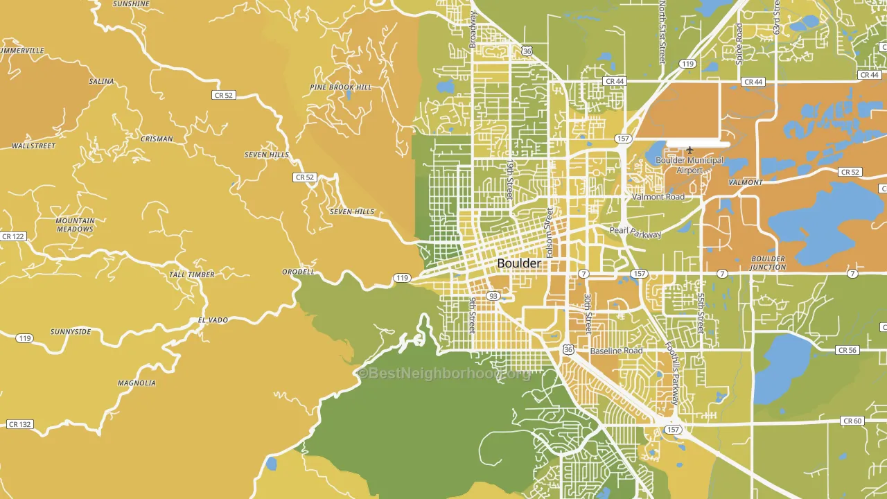 Map of the best neighborhoods in the 80302 area, with better matches in green and worse matches in red
