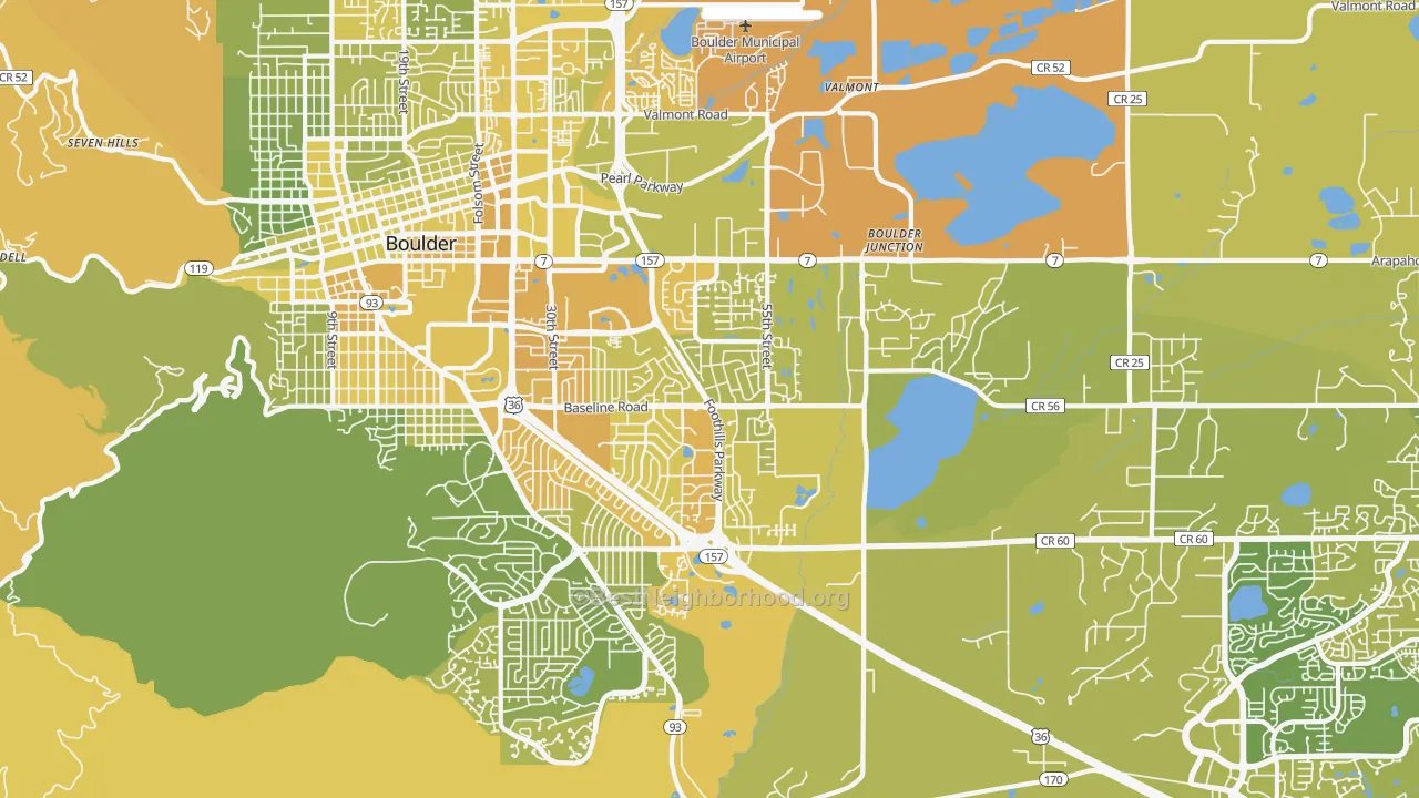 Map of the best neighborhoods in the 80303 area, with better matches in green and worse matches in red