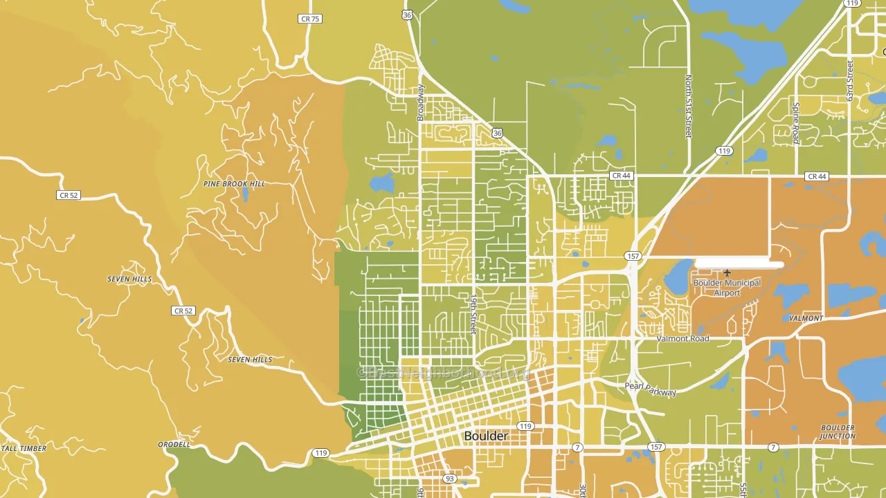 Map of the best neighborhoods in the 80304 area, with better matches in green and worse matches in red