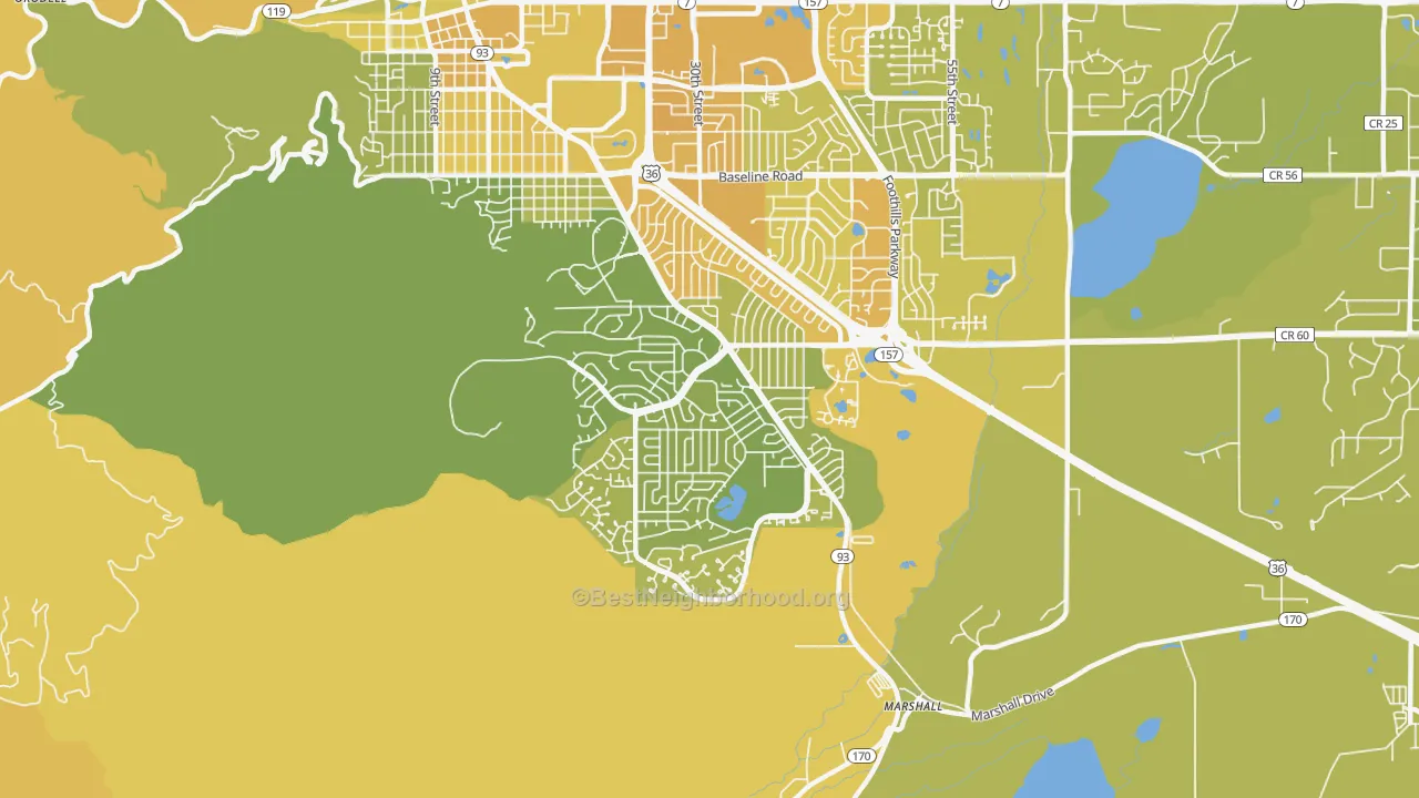 Map of the best neighborhoods in the 80305 area, with better matches in green and worse matches in red