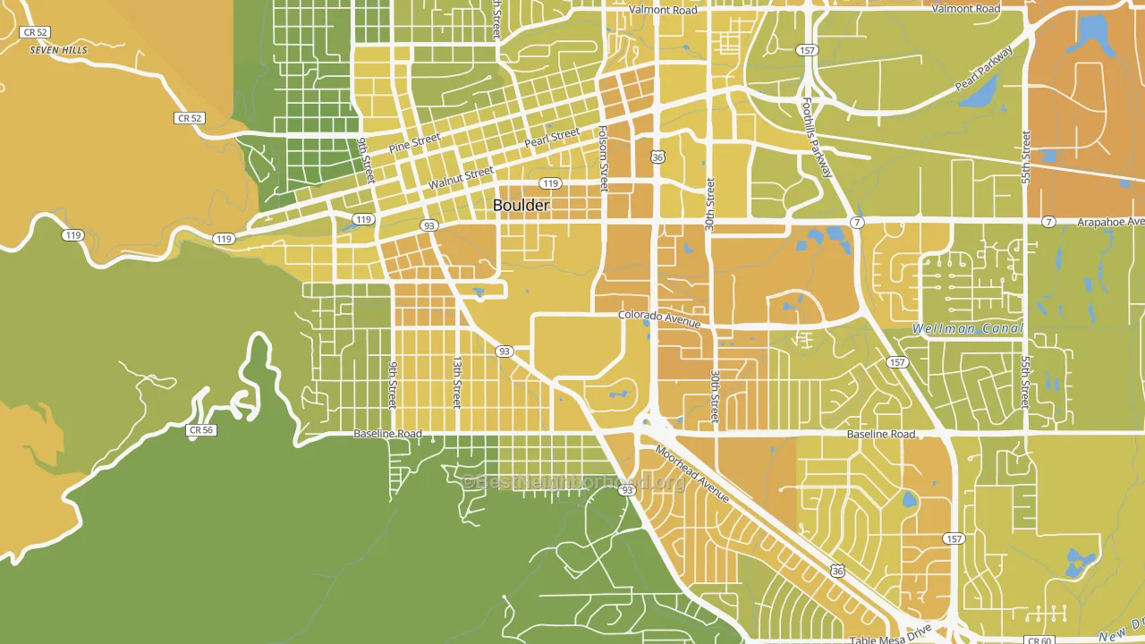 Map of the best neighborhoods in the 80309 area, with better matches in green and worse matches in red
