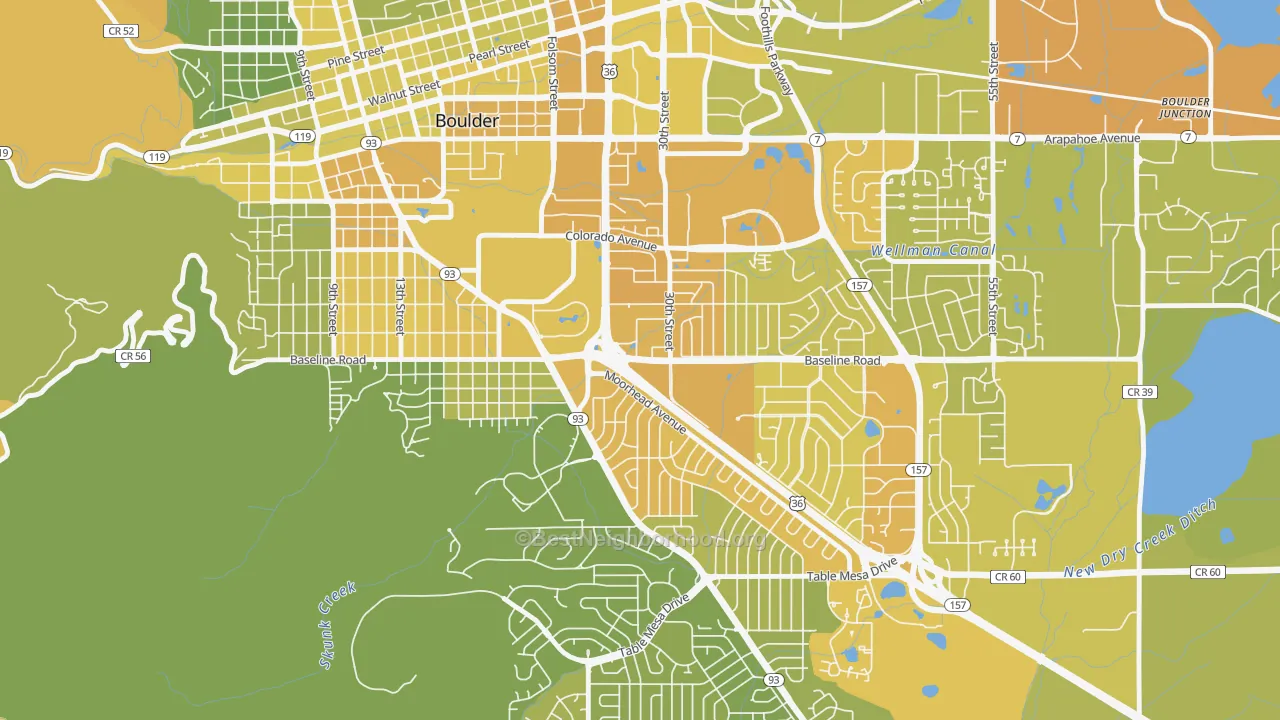 Map of the best neighborhoods in the 80310 area, with better matches in green and worse matches in red