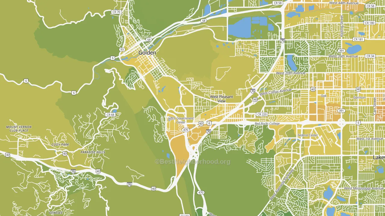 Map of the best neighborhoods in the 80401 area, with better matches in green and worse matches in red