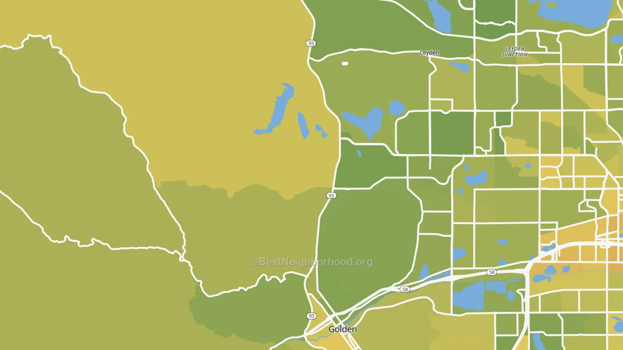 Map of the best neighborhoods in the 80403 area, with better matches in green and worse matches in red